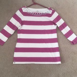 Pink & White Beaded and Striped 3/4 sleeve shirt